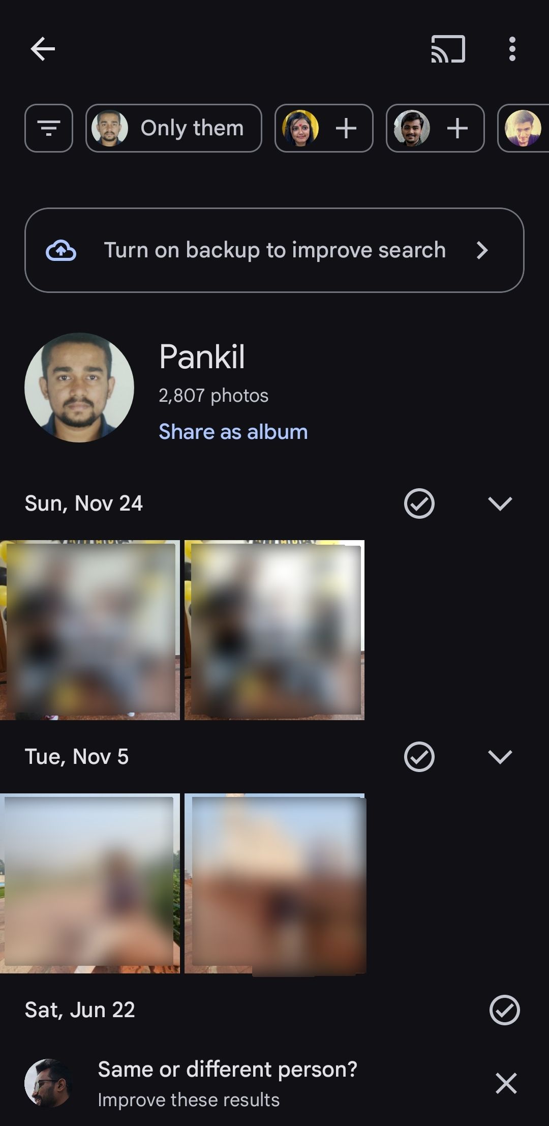 Google photos 앱에서 'pankil'이라는 사람의 사진 표시